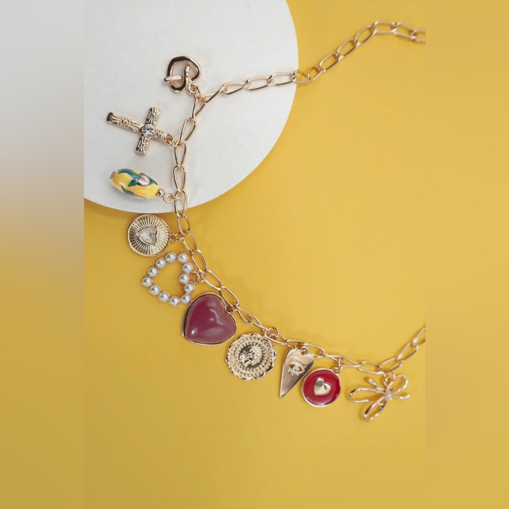 Gold Charm Necklace with Heart Bow and Cross Charms
